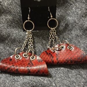 Red and Black Snake Pattern Leather Earrings